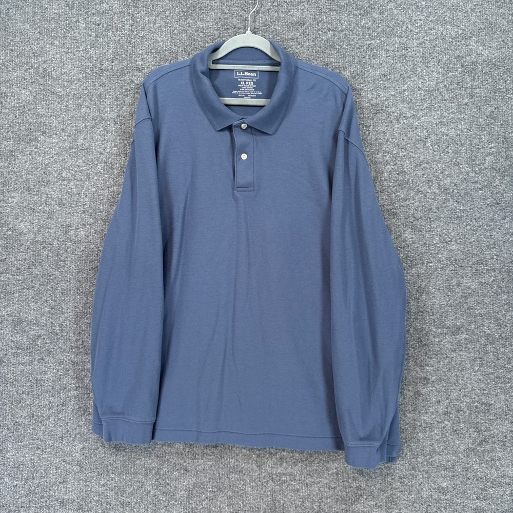 L.L Bean Polo Shirt Mens XL Blue Long Sleeve Pique Traditional Fit Soft Casual